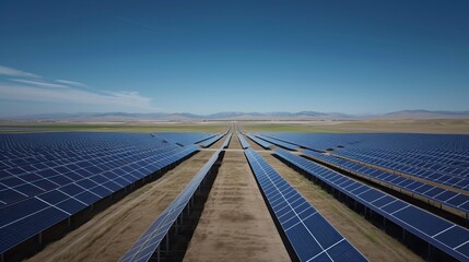 Rows upon rows of solar panels glisten under the clear desert sky, capturing the suns energy in a harmonious and visually captivating display.