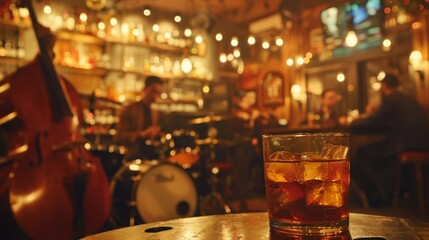 Obraz premium A vibrant jazz club scene, with glasses of bourbon and whiskey served alongside soulful music
