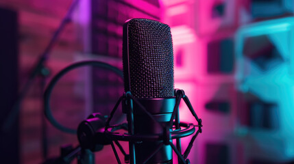 A close-up of a studio microphone with a shock mount set against a vibrant, neon-lit background.