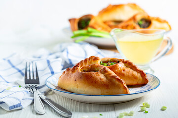 Two open pies with savory filling (rastegay). Russian kitchen.