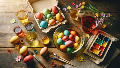 Colorful Easter Egg Dyeing Process on Wooden Background - obrazy, fototapety, plakaty