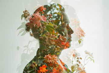portrait of a florist with a double exposure of a flower and a vase