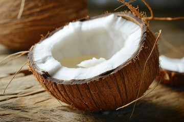 coconut with a hard shell and a white flesh and water inside cracked open