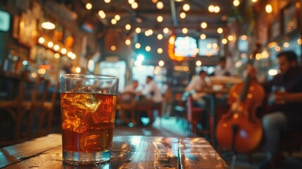 A vibrant jazz club scene, with glasses of bourbon and whiskey served alongside soulful music - obrazy, fototapety, plakaty
