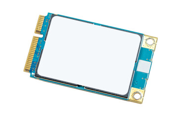 Close-up of a simple mSATA solid-state drive with an unmarked blank empty white sticker, isolated on white background, msata memory card, generic computer chip component object, nobody, no people