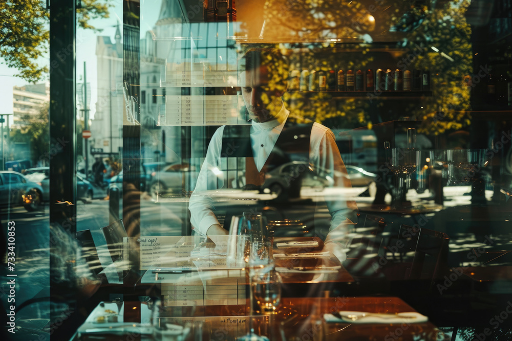 Poster portrait of a waiter with a double exposure of a menu and a table