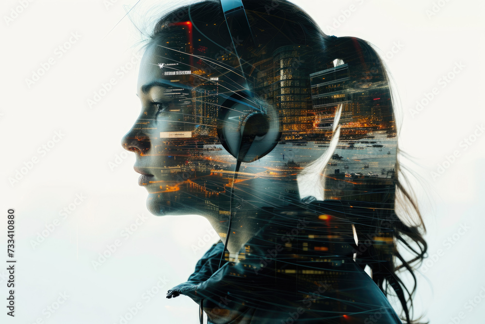 Poster portrait of a interpreter with a double exposure of a earphone and a speech