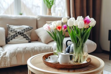 Indoor elegance blooms from a porcelain vase atop a floral-designed table, while soft linens and a cozy couch invite for a relaxing cup of tea