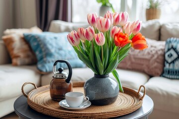 An elegant still life with a delicate porcelain vase of vibrant flowers, accompanied by a dainty teacup and saucer on a coffee table, creating a peaceful indoor oasis of beauty and serenity - obrazy, fototapety, plakaty
