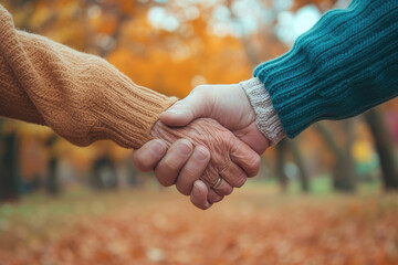 photo of a young and old couple holding hands - Powered by Adobe