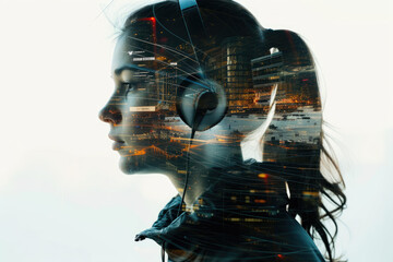portrait of a interpreter with a double exposure of a earphone and a speech