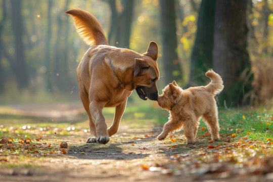 photo of a big and small dog playing together