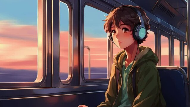 An anime boy in the train window, enjoying the sunset,lofi animation Loop.