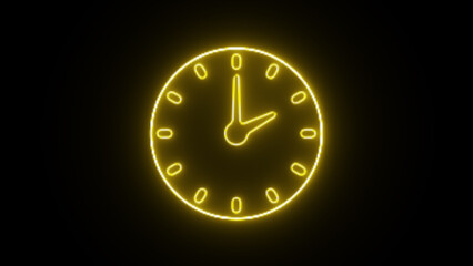 Clock icon. Clock Neon Sign. Light glowing clock icon. Counting down clock isolated animated. Neon clock on black background, 24 hours fast