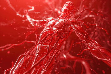 human circulatory system, with blood flowing through veins and arteries. The background is a red color.