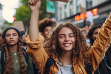 Fototapeta premium A joyful girl stands in the midst of a bustling street, her arms raised in triumph, as her beaming smile shines among the sea of people