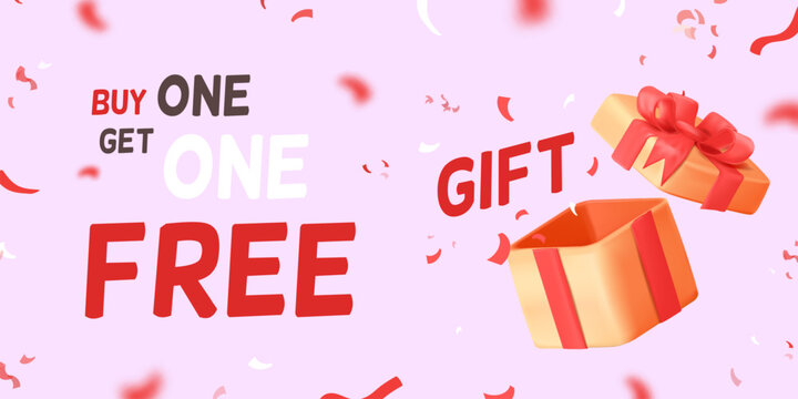 3d free gift. Buy 1 get one giveaway bonus, explode prize box wrap celebrating holiday present open winner reward, surprise inside giftbox promo sale realistic vector illustration