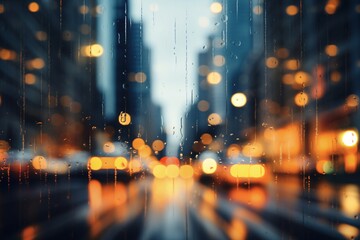 a blurry view of a city street through a wet window