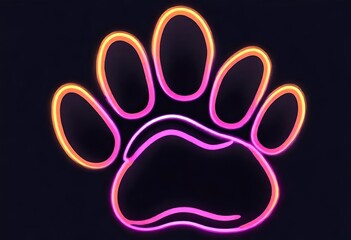 cute cat paw in ultra neon thin outline style on black background