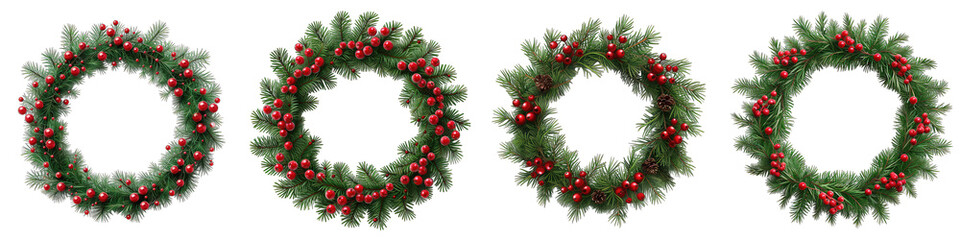 Fototapeta na wymiar fir garland, wreath with red berries Hyperrealistic Highly Detailed Isolated On Transparent Background Png File