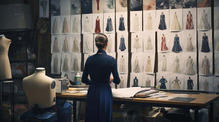 A fashion designer thoughtfully reviews garment sketches in a studio, surrounded by mannequins and fabric samples.