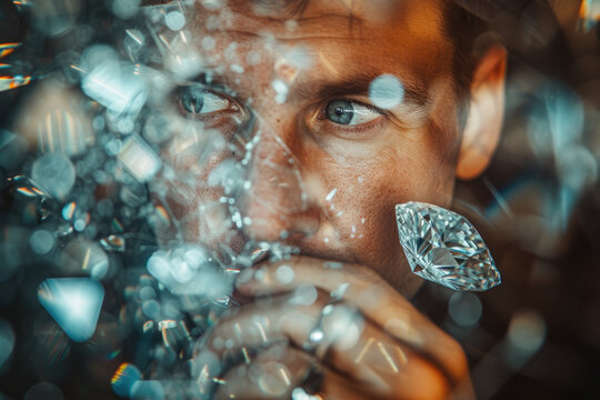 portrait of a jeweler with a double exposure of a diamond and a ring