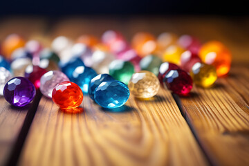 colorful beads set of multiple color beads on wooden table in the room