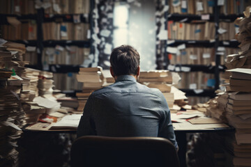 A man sits at a desk surrounded by towering stacks of documents, suggesting a busy and overwhelming office environment.