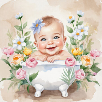 child baby print, flower, flowers, baby card, newborn print, kids illustration png, childhood, little, beauty, bouquet, spring, boy gerl baby, happy face illustration , person, smile, happiness, 
