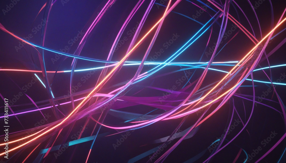 Poster 3d render, abstract colorful neon background with glowing lines and bokeh lights