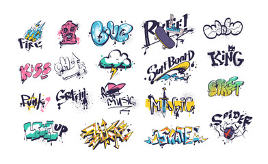 Wall graffiti tags. Underground style doodling fashion symbols, spray tag skateboard urban crazy street art marker script, school walls vandalism element classy vector illustration © ssstocker