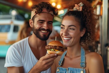 Two happy individuals enjoy a delicious fast food meal together, savoring the juicy burger between...