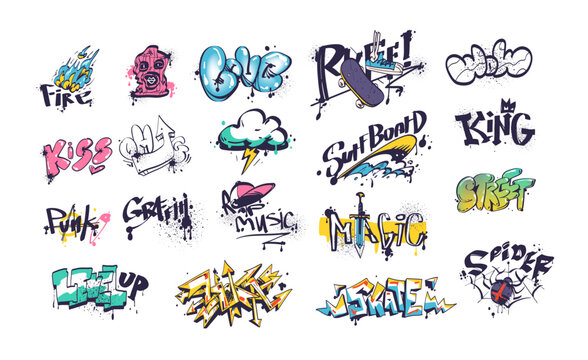 Wall graffiti tags. Underground style doodling fashion symbols, spray tag skateboard urban crazy street art marker script, school walls vandalism element classy vector illustration