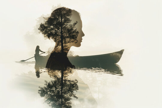 double exposure image of a woman's silhouette filled with a serene lake.