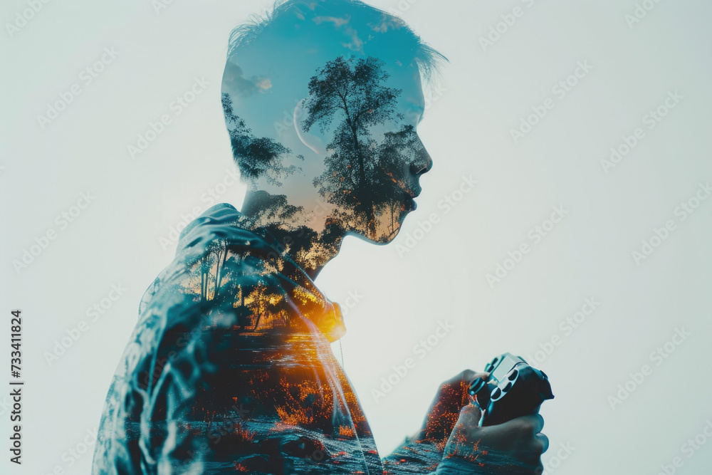 Poster portrait of a gamer with a double exposure of a controller and a game