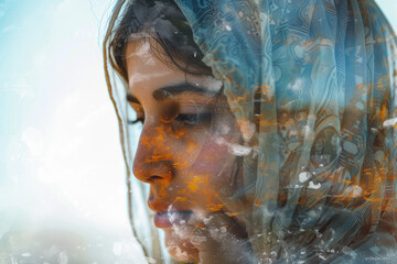 close-up double exposure image of an Arab woman holding a child, filled with an oasis.
