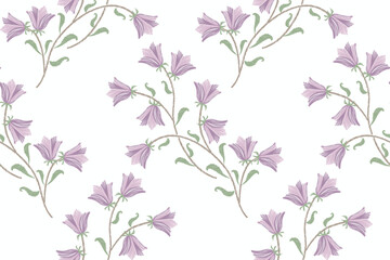 Vintage floral pattern seamless watercolour style. Ikat batik small bluebell flower motif with leaf branch minimal design hand draw background border frame vector illustration on white background.