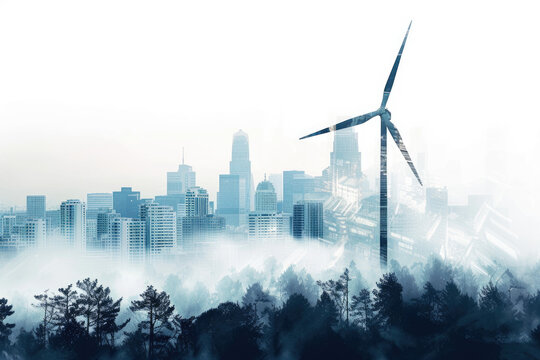 double exposure image of a wind turbine and a city skyline.