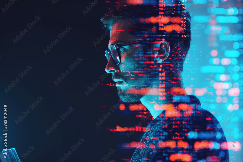 Poster portrait of a programmer with a double exposure of a laptop and a code