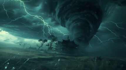 Dramatic and powerful tornado. Lightning thunderstorm flash over the night sky. Concept on topic weather, cataclysms (hurricane, Typhoon, tornado, storm). Stormy Landscap - obrazy, fototapety, plakaty