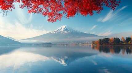 Colorful Autumn Season and Mountain Fuji with morning fog and red leaves at lake Kawaguchiko is one...