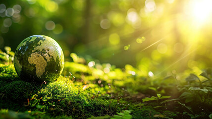 Fototapeta premium Environment ecology concept - Green globe in forest with moss and sunlight