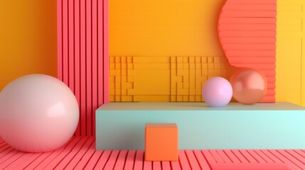 Colorful backdrop with modern minimalist 3D shapes accented by retro-inspired elements.