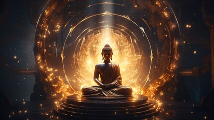 a statue of a buddha sitting on a platform with lights - Powered by Adobe