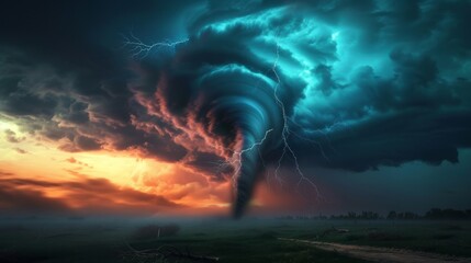 Dramatic and powerful tornado. Lightning thunderstorm flash over the night sky. Concept on topic weather, cataclysms (hurricane, Typhoon, tornado, storm). Stormy Landscap