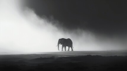 Lonely elephant in savanna, black and white