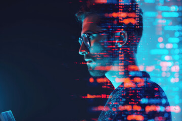 portrait of a programmer with a double exposure of a laptop and a code