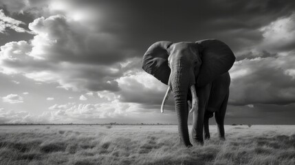 Naklejka premium Lonely elephant in savanna, black and white