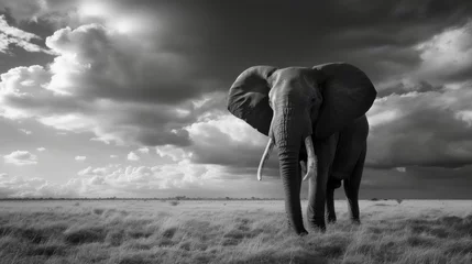 Fototapeten Lonely elephant in savanna, black and white © Artem