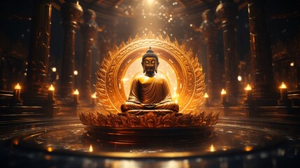 a statue of a buddha sitting on a circular object with lights - obrazy, fototapety, plakaty